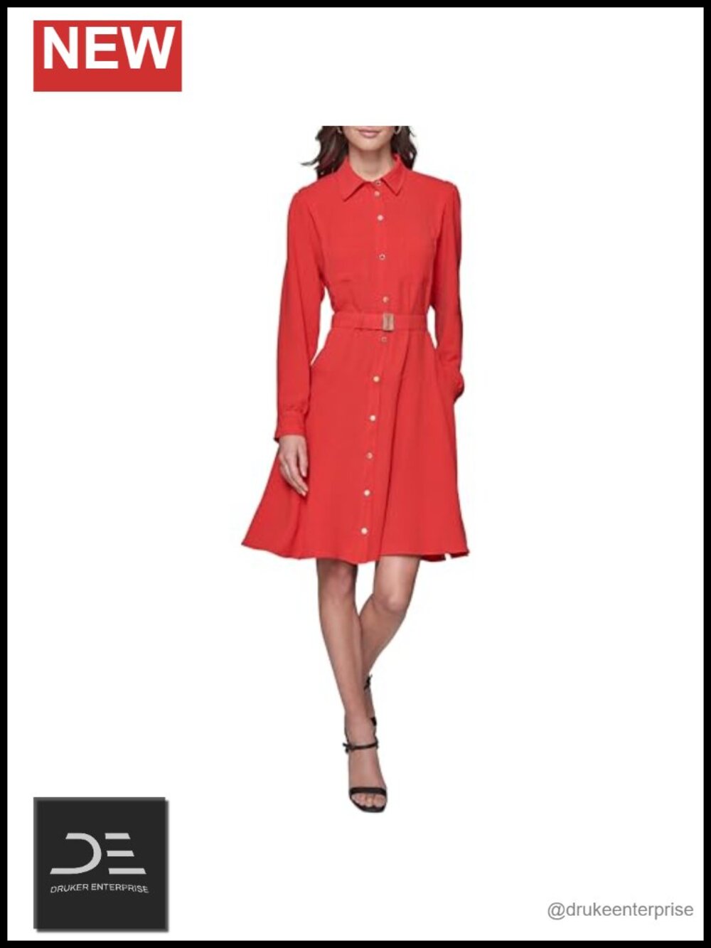 Karl Lagerfeld Long Sleeve A-Line Shirt Dress Midi Fitted